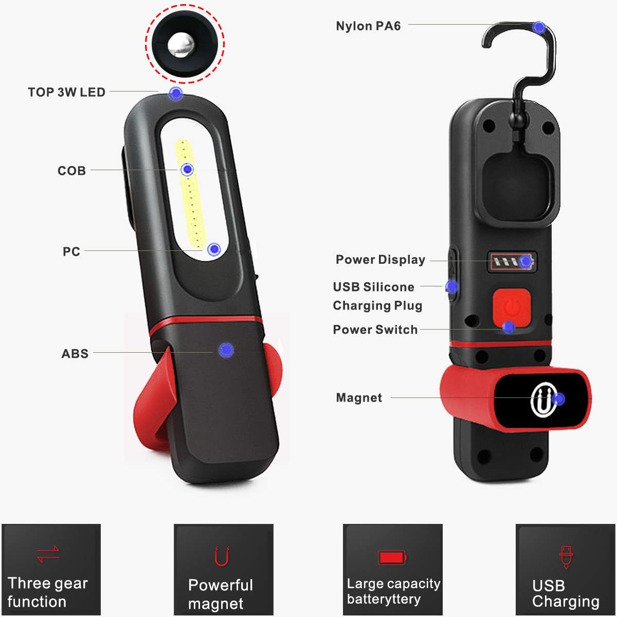 Oplaadbare LED Werklamp – Inspectielamp 2-in-1 met Magnetische Voet & Haak