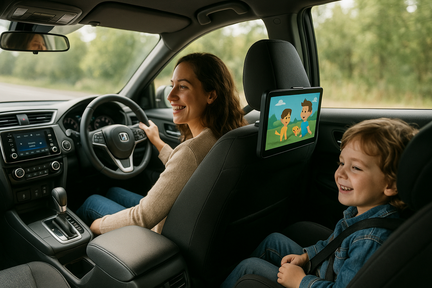 Een vrouw die auto rijdt met een blij kind op de achterbank dat naar een video kijkt op een auto-videospeler