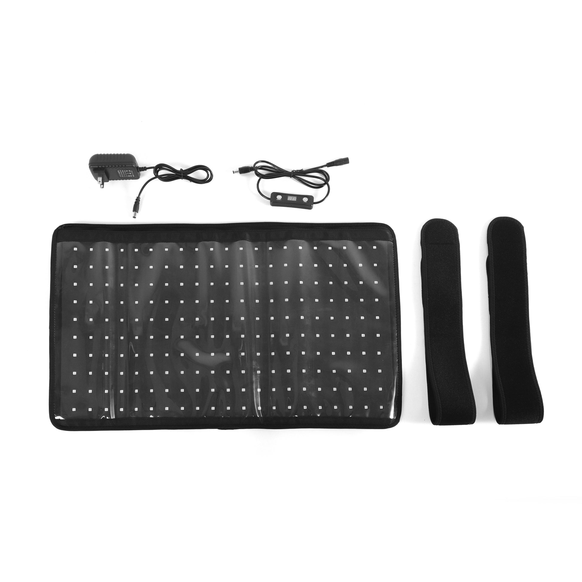 Zwartwit overzicht inhoud, roodlichtmat, koord met bediening, aansuitsnoer en 2 straps