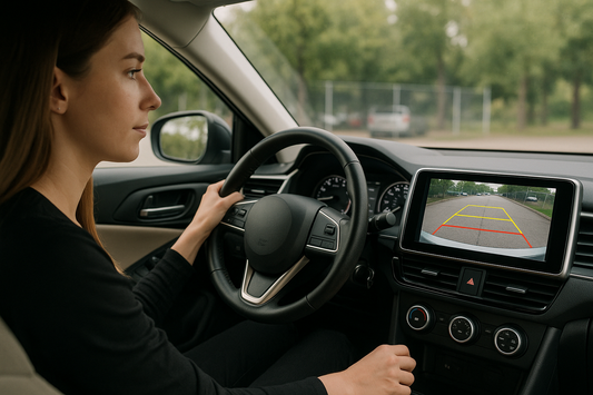 Een vrouw achter het stuur van een auto met op het dashboard een multimedia player die de achteruitrijcamera weergeeft